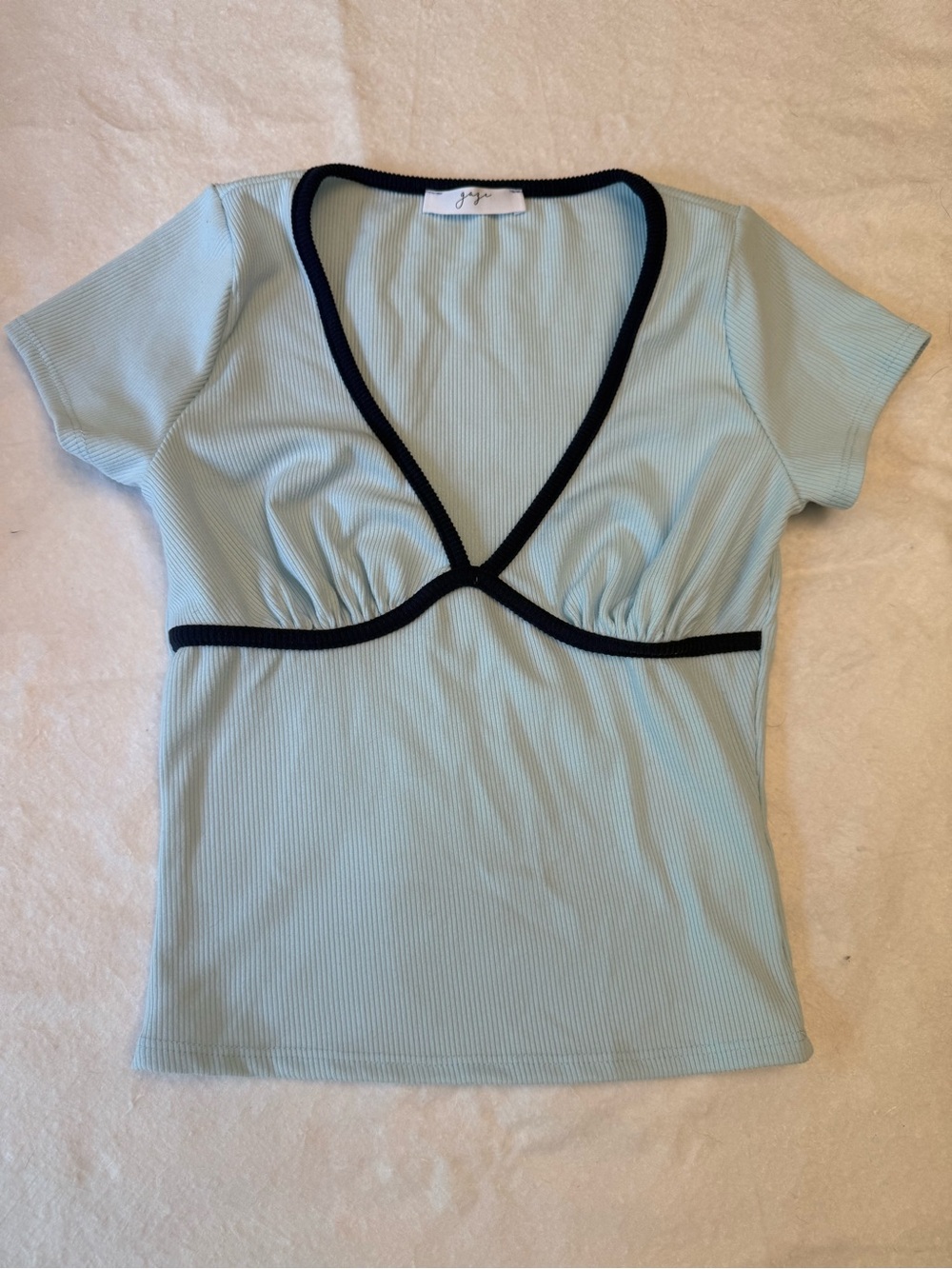 Light Blue Ribbed V-Neck Contrast Trim Top
